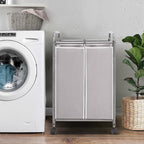 STORAGE MANIAC Laundry Sorter 2 Section, 90 L Gal Laundry Hamper with Wheels, Clothes Basket Separator Sorter, 2 Bag Clothes Cart with Wheels and Removable Bags for Closet, Dorm, Collage, Grey