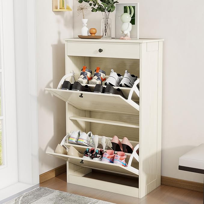 Shoe Cabinet with 2 Flip Drawers, Slim Freestanding Hidden Shoe Organizer with Drawer, Pet-Proof Shoe Storage Cabinet for Entryway Living Room Behind The Door, Light Oak