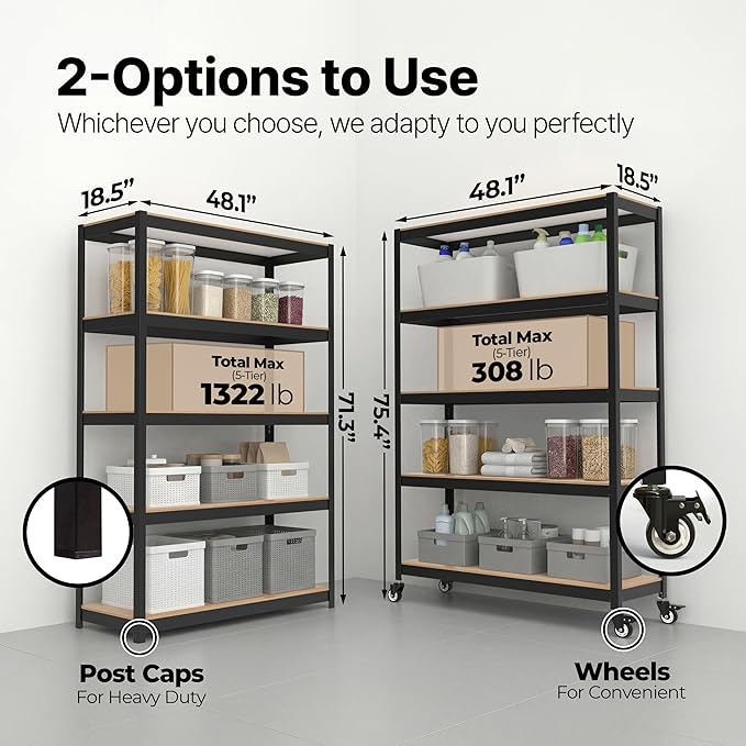 HOMEDANT House 5 Tier Heavy Duty Garage Shelving Adjustable Metal Rack Storage Shelves Standing Shelf Unit Organizers Pantry Closet Office (1, Black, (Wheels) 48.1" W x 18.5" D)
