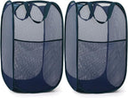 2 Pack Durable Collapsible Laundry Baskets - Reinforced Mesh Pop Up Laundry Hamper with Pocket, Foldable Dirty Clothes Hamper with Carry Handles for Laundry, Bathroom, Kids Room, Dorm or Travel Navy