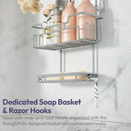 SWTYMIKI Bathroom Shower Caddy Hanging - 3 Tier Rustproof Over Shower Head Organizer, No Drilling Bathroom Shelf with 16 Hooks & Soap Holder, Anti-Swing Rack for Shampoo,Sponge,Towel, Silver, Medium