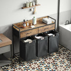 Laundry Sorter with 2 Drawers, 150L with Pull-Out Removable Laundry Bags, Laundry Hamper Baskets with 3 Section and Wheels, Rustic Brown and Black