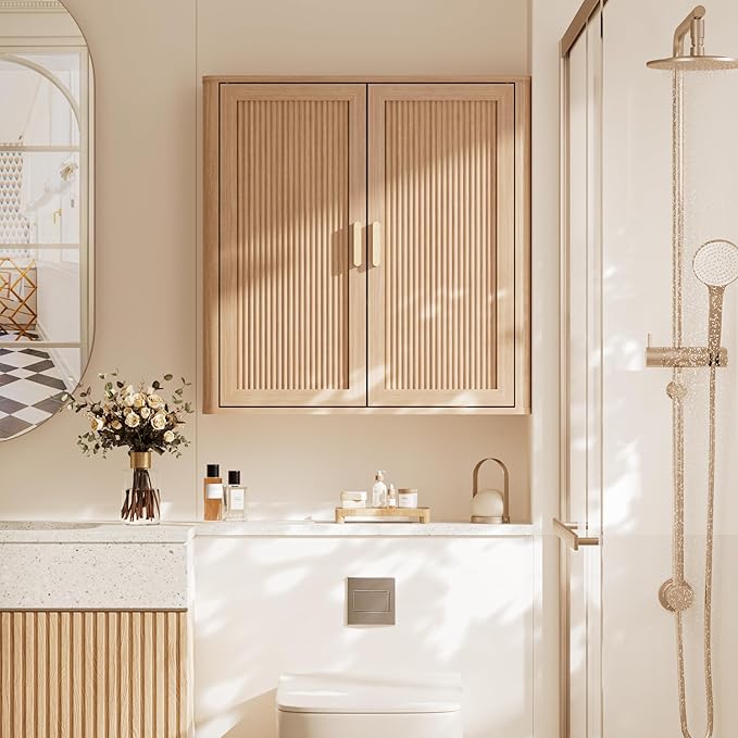 Bathroom Storage Cabinet, Over The Toilet Storage Cabinet, Medicine Cabinet with Adjustable Wood Shelf & Doors for Laundry Room & Kitchen & Living Room (Natural Oak)