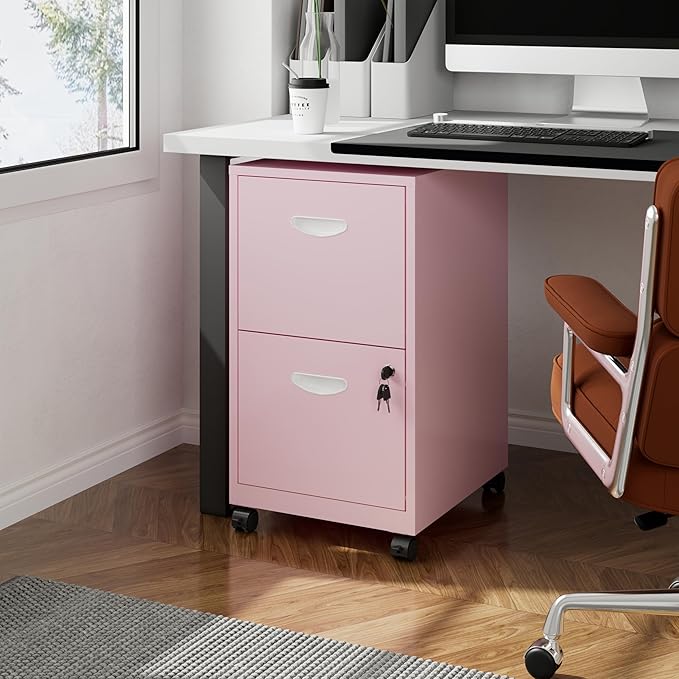 2 Drawer Rolling File Cabinet on Wheels, Mobile Two Drawer Filing Cabinet with Lock, Small Files Cabinets for Under Desk, Metal Filing Cabinets for Letter Size Folders, Pink - Assembly Required