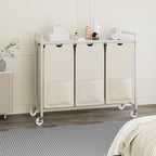Laundry Sorter with Wheels & 100lb Top Shelf, Rolling 3 Section Removable Pull-Out Fabric Fabric Bags Hamper Basket, Sturdy White Beige Iron Organizer for Room Organization