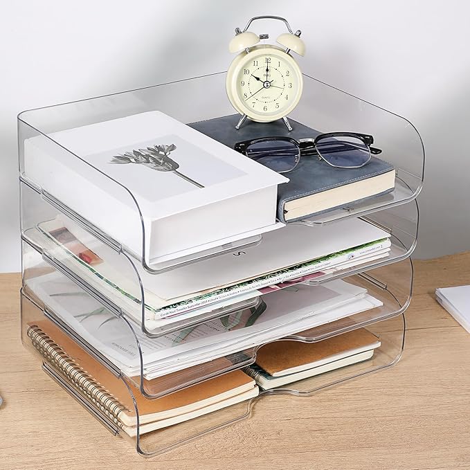 4 Pack Paper Organizer Letter Tray Clear Desk Organizer, Clear PET Desk Rrganizer for Magazines, Binders, Notebooks, Envelopes, Multi-Purpose Plastic Paper Tray Organizer