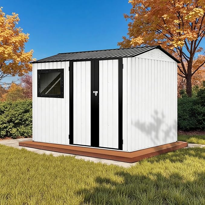 8' x 6' XL Outdoor Storage Shed, Sturdy Metal Building w/Floor and Operable Window for Garden, Backyard, Poolside and Lawn, White