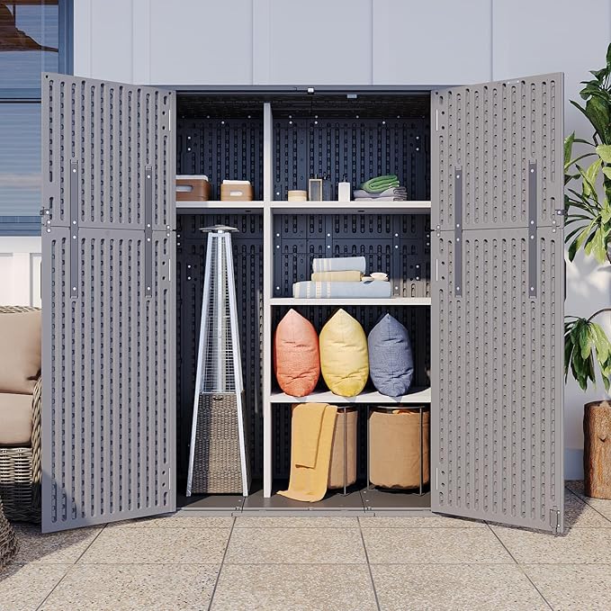 Aoxun Outdoor Storage Shed with Floor, 61 Cu.Ft Large Outdoor Storage Cabinet, Waterproof Vertical Resin Shed for Garden Tools, Pool Equipment, Dark Grey
