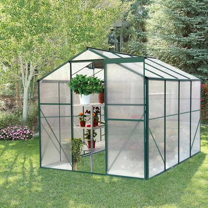 Outdoor Polycarbonate Greenhouse with Aluminum Frame, Walk-in Garden Green House Featuring Lockable Door, Adjustable Roof Vent, and UV-Protected Panels for Backyard or Patio Use (6x8 FT-1)