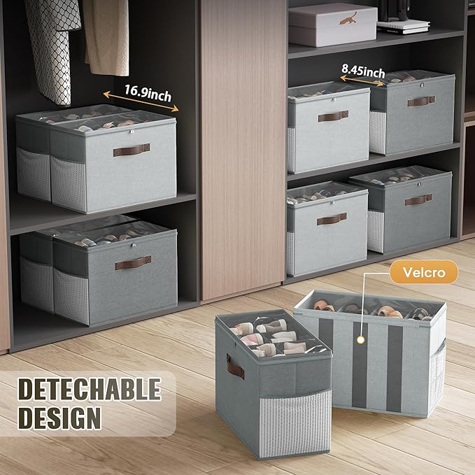 Budding Joy 2 Pack Shoe Organizer for Closet, Clear Foldable Shoe Storage Containers Adjustable Dividers Fits 16 Pairs,Shoe Storage Bins Baskets Boxes with Reinforced Handles Light Grey Greenish Grey