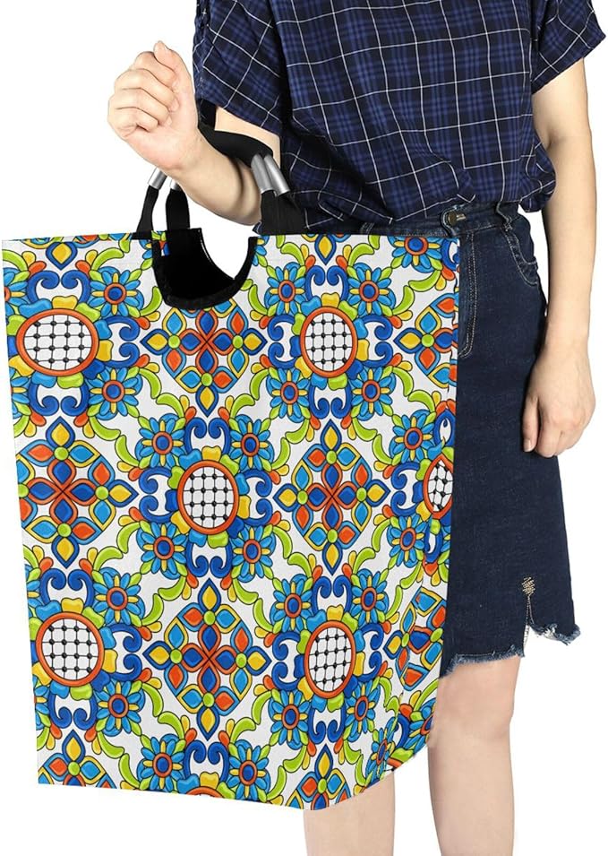 Mexico Talavera Tiles Laundry Basket for College Dorm,50L Collapsible Portable Laundry Hamper Storage Basket for Toys Clothes Organizer