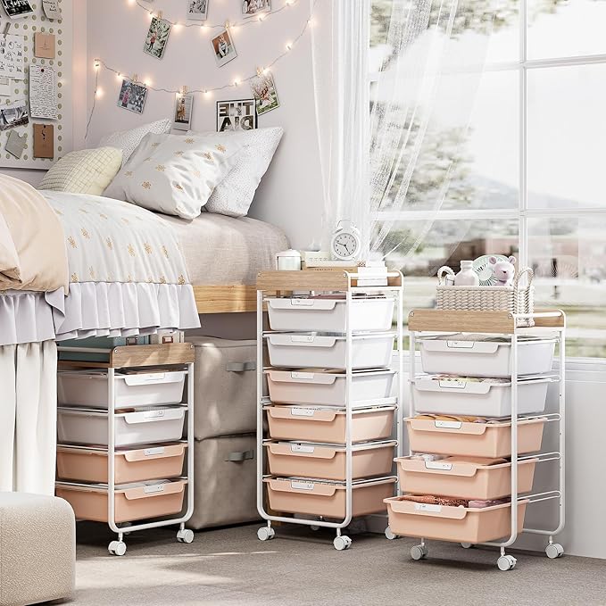 Rolling Craft Storage Cart with 4 Drawers,Utility Cart with Drawers,Art Craft Organizers and Storage,Kids Craft Cart,Kids Art Cart With DIY Lable and Wooden Tabletop Area, Pearl