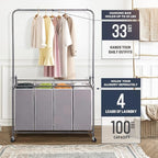 STO STO Laundry Sorter 4 Section with Hanging Bar, 4 Bag Laundry Hamper with Hanging Rod, Laundry Basket with Heavy Duty Lockable Wheels and Removable Bag for Clothes Storage, Gray