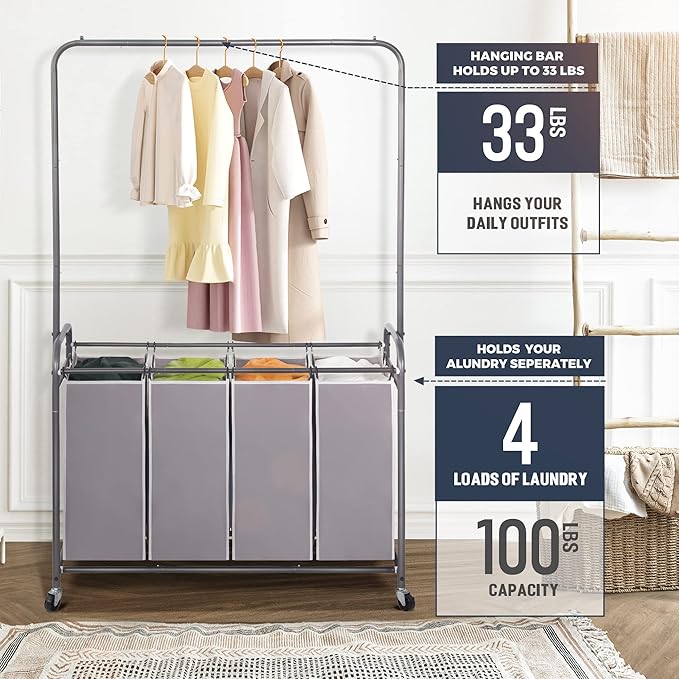 STO STO Laundry Sorter 4 Section with Hanging Bar, 4 Bag Laundry Hamper with Hanging Rod, Laundry Basket with Heavy Duty Lockable Wheels and Removable Bag for Clothes Storage, Gray