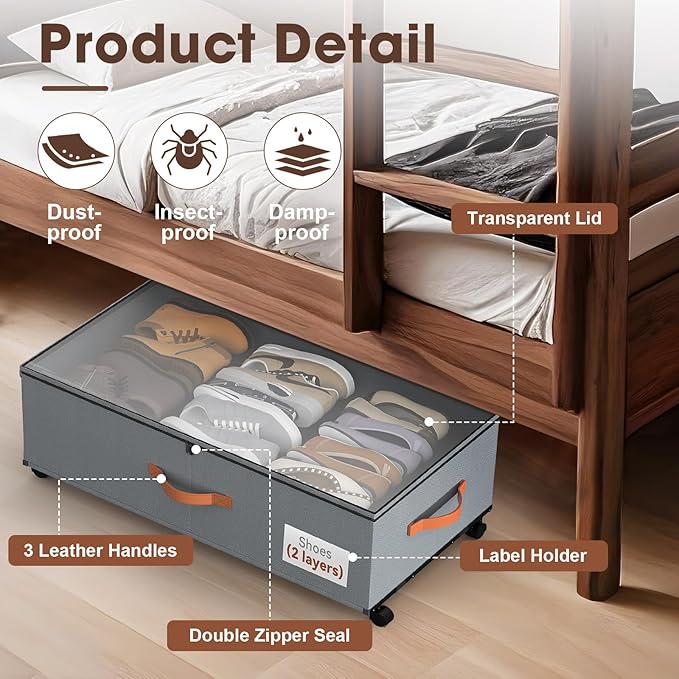 Under Bed Storage Containers with Wheels, 9.5 inches Higher Underbed Shoes Blankets Clothes Toy Storage Drawers for College Dorms Bedrooms Nursery Rooms Organization, 2 Pack to be Assembled