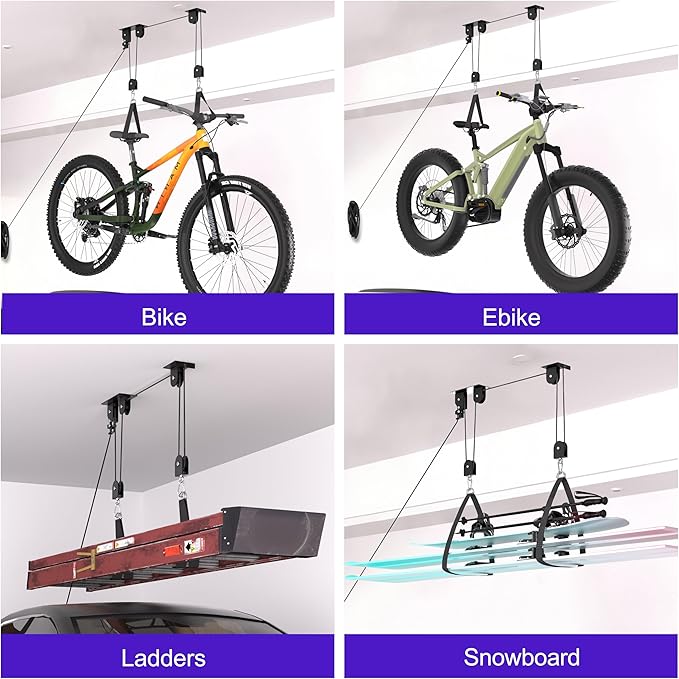 Bike Hoist, Heavy Duty Ebike Lift Pulley System for Garage Ceiling Overhead Storage for Bicycle, Ladders, Snowboard, Holds Up to 85 lbs Capacity, Fit 10-16 Foot High Ceilings
