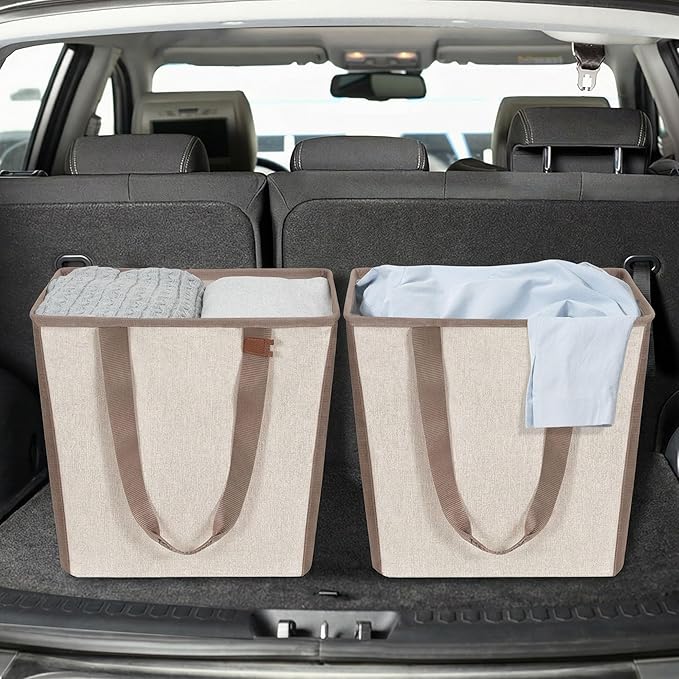 STORAGE MANIAC Collapsible Laundry Basket, 16.9 Gal. Large Pop-up Laundry Hamper with Long Carry Handles, Space-Saving Foldable Clothes Hamper with Bottom Elastic Band, Travel Laundry Bags, Oat Beige