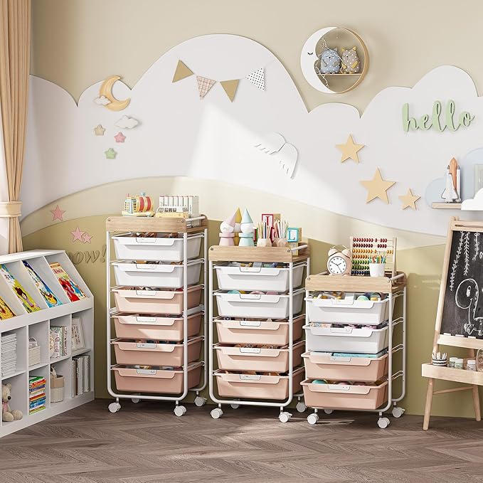 Rolling Craft Storage Cart with 4 Drawers,Utility Cart with Drawers,Art Craft Organizers and Storage,Kids Craft Cart,Kids Art Cart With DIY Lable and Wooden Tabletop Area, Pearl
