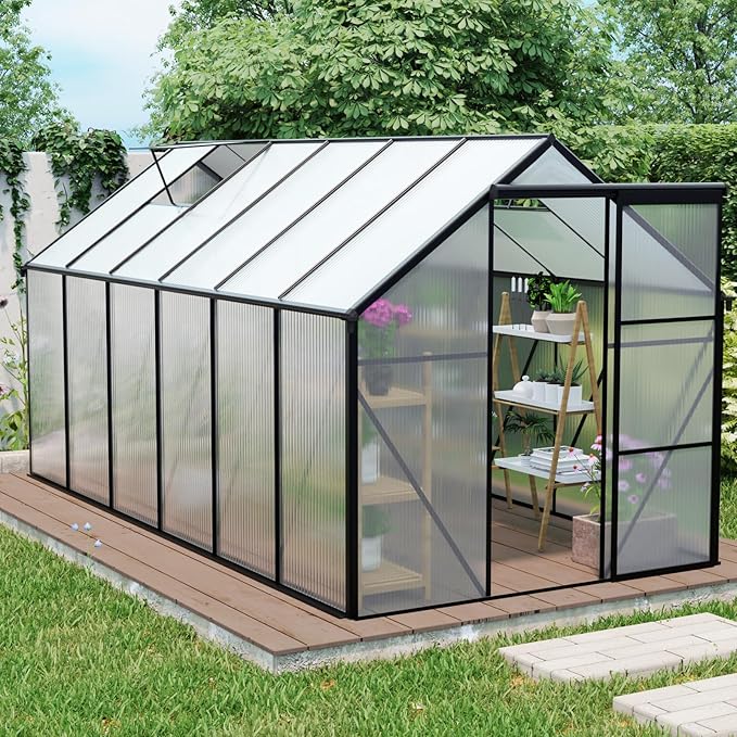 6X12FT Greenhouse for Outdoor, Polycarbonate Greenhouse with Raised Base and Anchor, Heavy-Duty Walk-in Green House with Adjustable Roof Vent and Gutter System for Patio,Backyard (Black, 6x12 FT)