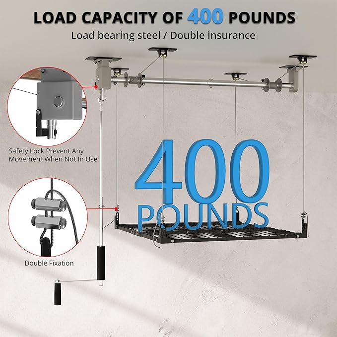 Overhead Garage Storage Rack,4x4FT Ceiling Storage Racks with Secure Lock,Garage Storage Lift System for Easy Up Down,Industrial Elevator Lift Holds 400 Lbs