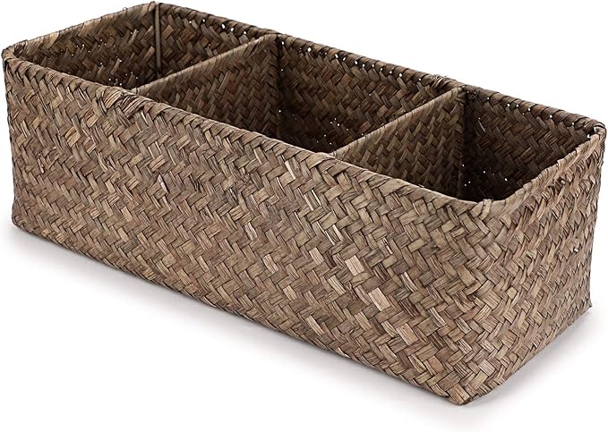 Hipiwe Seagrass Nesting Storage Basket - 3 Compartment Hand-Woven Wicker Toilet Paper Storage Bin Bathroom Organize Basket for Shelves, Kitchen Cabinets, Pantry, Bathroom, Closets Organizer