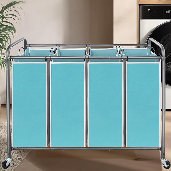 Laundry Sorter 4 Sections, 4-Bag Heavy Duty Rolling Laundry Hamper Cart, Laundry Basket Organizer With Wheels and Removable Bags, Laundry Room Organization For Dirty Clothes, BLUE