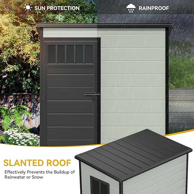 DWVO 5x3FT Outdoor Storage Shed with Fence-Style and Side Windows, Floor & Lockable Doors, Plastic Storage Shed, Storage Shed for Backyard and Garden, Blue-Gray