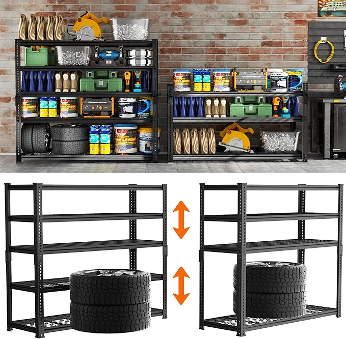 ROOMTEC Garage Shelving, 4 PCS 3300 LBS Capacity Sorage Shelves Heavy Duty, 5 Tier Adjustable Metal Organizer Wire Rack, 60" L x 24" W x 78" H Utility Shelf Unit for Kitchen Pantry