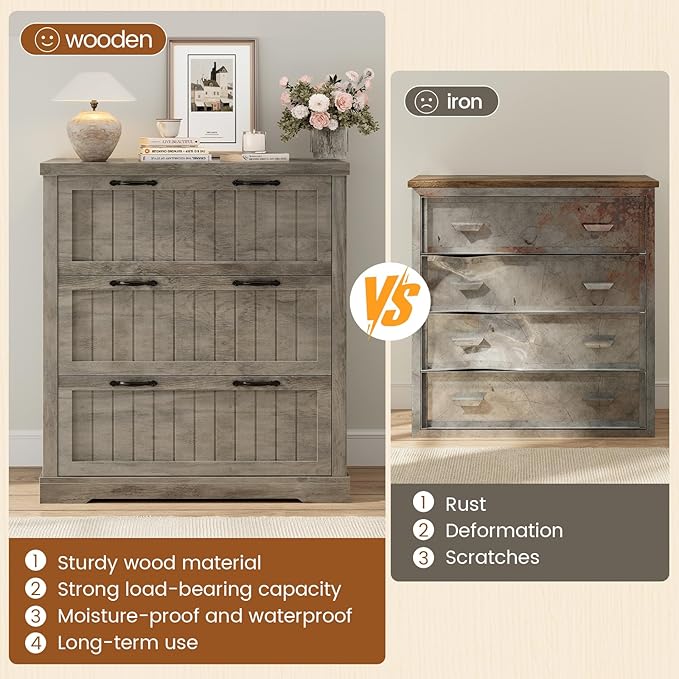 SEDETA File Cabinet for Home Office, Farmhouse 3 Drawer Filing Cabinet, Wood Office File Cabinets for Letter/Legal/A4 Size, Lateral File Cabinets with Printer Stand, Grey