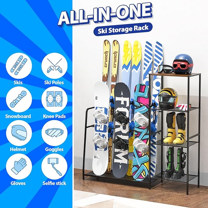 Freestanding Snowboard Rack - Ski Holders for 4 Pairs of Skis, 3 Pack Snowboard, Boot, Pole, Goggles, Helmet and More, Heavy Duty Steel Floor Stand Ski Organizer for Garage, Shed, Basement