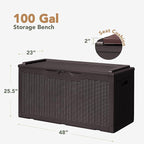 Flamaker Deck Box with Cushion 98 Gallon Waterproof Resin Storage Box with Air Rod Indoor Outdoor Lockable Storage Bench for Patio Furniture, Tools, Pool Accessories (Deep Brown)