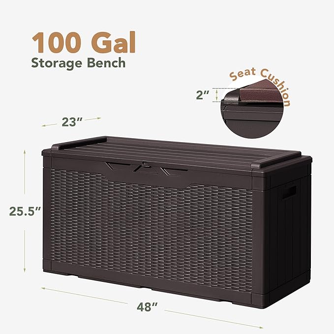 Flamaker Deck Box with Cushion 98 Gallon Waterproof Resin Storage Box with Air Rod Indoor Outdoor Lockable Storage Bench for Patio Furniture, Tools, Pool Accessories (Deep Brown)