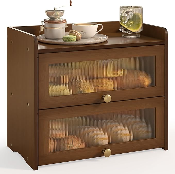 Large Bread Box for Kitchen Countertop Wooden Double Layer Breadbox Organizer with Window Vintage Farmhouse Bread Storage Container for Homemade Bread (Brown)