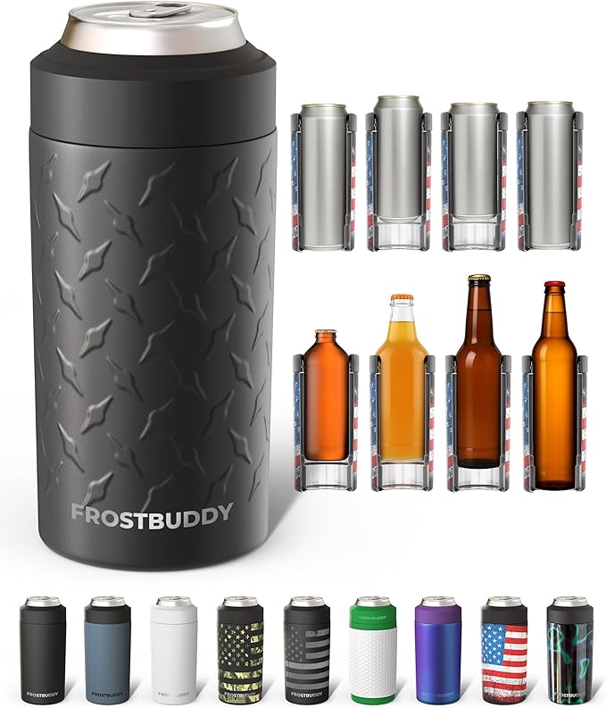 Frost Buddy Universal Can Cooler - Fits all - Stainless Steel Can Cooler for 12 oz & 16 oz Regular or Slim Cans & Bottles - Stainless Steel (Diamond Plate - Black)