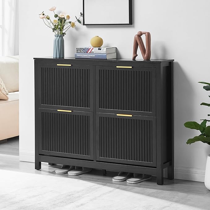 4 Flip Drawers Shoe Cabinet Storage for Entryway, Narrow Hidden Shoes Organizer Wood Cabinet Front Door Free Standing Entrance Thin Front Door Shoe Rack Storage for Entryway(Black)