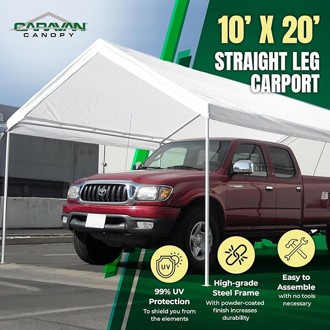 Caravan Canopy Powder Coated Heavy Duty Steel Frame Pop Up Carport with 6 Steel Stakes for Outdoor Activities and Events, White