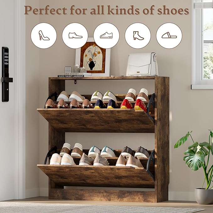 Shoe Cabinet with 2 Flip Drawers, Slim Narrow Shoe Storage Cabinet, Freestanding Shoe Organizer with Adjustable & Removable Shelves, Top Display Shelf for Entryway, Hallway, Foyer, Closet