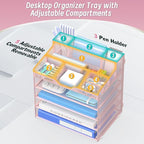 5 Tier Mesh Desk Organizer,Multi Functional Letter Paper Tray with 3 Pen Holders and 5 Adjustable Storage Compartments for Office Supplies Files and Mail Space Saving Desktop Organizer-Pink
