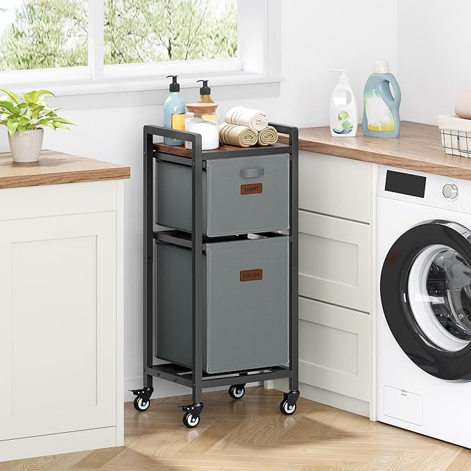 FAVOOSTY Laundry Hamper with Shelf, 70L Laundry Basket Organizer, Laundry Hamper with Shelf, 2 Section Laundry Sorter for Laundry Room Organization (Grey)