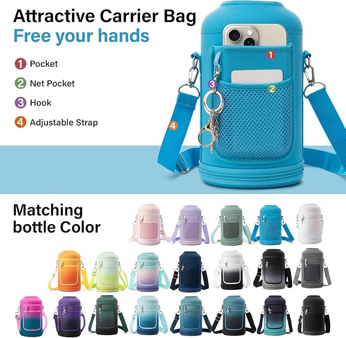 Insulated Water Bottle | Thickened Stainless Steel Vacuum Metal | Portable Sports Half Gallon Large Water Jug for Gym and Hiking with Straw, Carrier Bag, Handle Strap | BPA-Free 64 oz