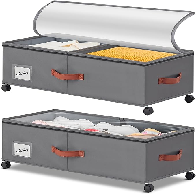Under Bed Storage Containers with Wheels 9.5 inches Higher Under Bed Storage XXXL Underbed Shoes Blankets Clothes Storage Organizer 2 Pack Under the Bed Storage for College Dorms Bedroom Nursery Rooms