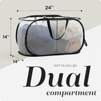 Foldable Laundry Basket - Popup and Collapsible, Durable Mesh Material, Folds for Storage, Easy Carry Handles - Great Hamper for College Dorm, Laundry Room or Travel (White-Black, 2-Compartments)