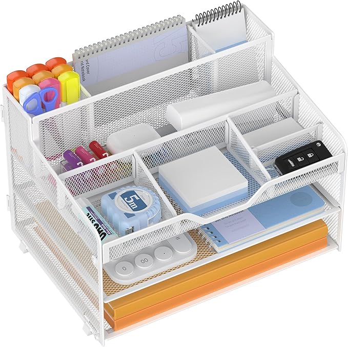 Docnest 3 Tier Mesh Desk Organizer for Paper Office Supplies – Multi-Functional Letter Tray with 5 Adjustable Compartments, 3 Pen Holders, Desktop Storage for Files, Mail, Stationery – White