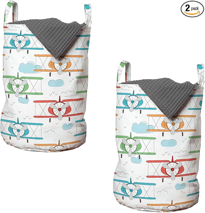 Ambesonne Airplane Laundry Bag Pack of 2, Vintage Single Engine Biplanes in Colorful Sketch Style Aviation Theme, Hamper Basket with Handles Drawstring Closure, 13" x 19", Pale Blue