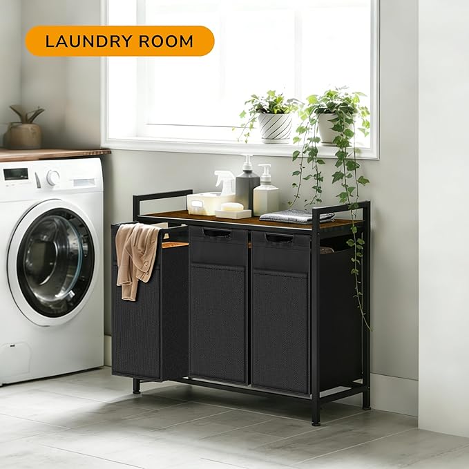 Laundry Hamper, Laundry Basket with 3 Pull-Out Removable Oxford Fabric Bags, 3 x 10.6 Gallons, Total 120L, Cloth Laundry Sorter with a Top Shelf 36.4"x13" (Black and Rust)