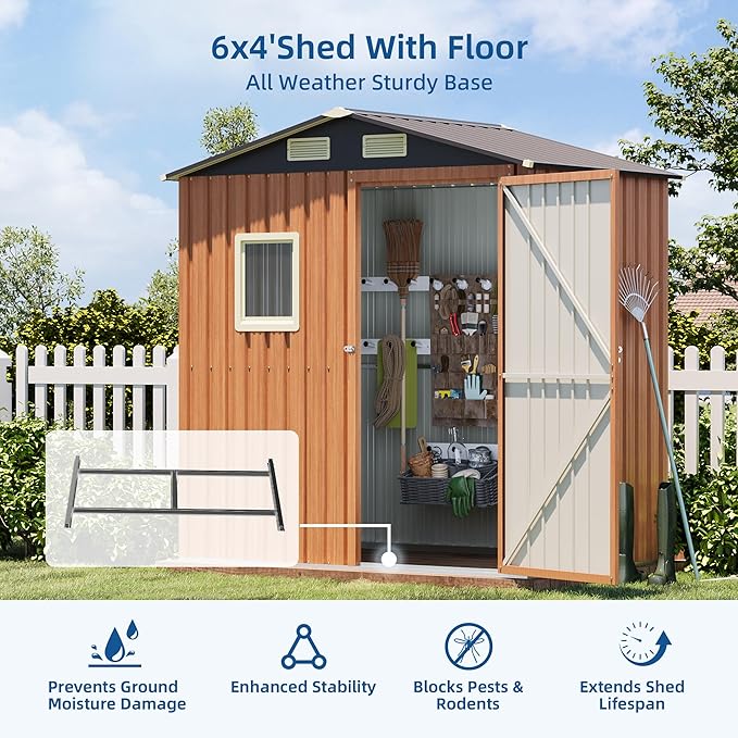 6x4 FT Outdoor Storage Shed, Garden Metal Shed with Floor Base & Window, Small Compact Tool Shed for Backyard, Patio & Lawn (6x4 FT & Base)