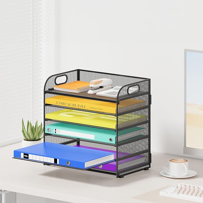 6 Tier Paper Organizer, Black Letter Tray with Handle, Mesh Desk Organizer, Metal File Organizer, Office Desk Accessories for Home, Office, Classroom, School