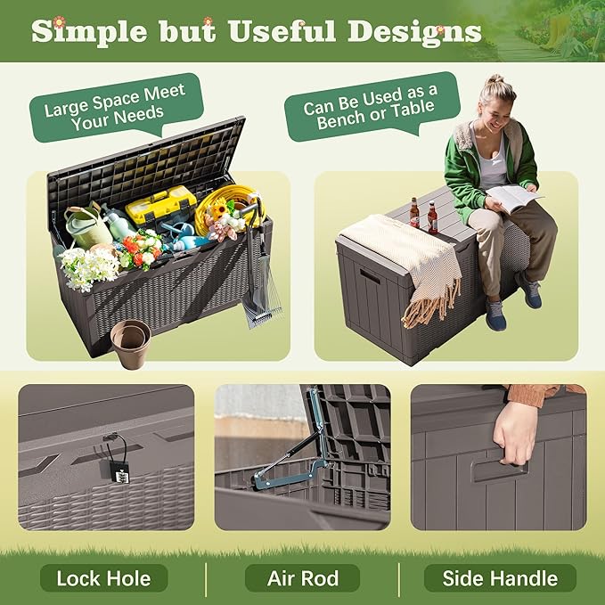 Flamaker Outdoor Storage Box 100 Gallon Waterproof Resin Deck Box Delivery Box with Air Rod Indoor Outdoor Lockable Storage Bench for Patio Cushions, Tools, Pool Accessories (Brown)