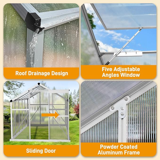 Vasitelan 6 x 10 FT Outdoor Greenhouse, Polycarbonate Greenhouse with Aluminum Frame for Backyard, Green Houses for Outside Garden Backyard, Patio (Silver)