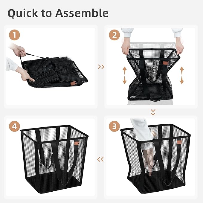 STORAGE MANIAC Collapsible Laundry Basket, 16.9 Gal. Large Pop-up Laundry Hamper with Long Carry Handles, Space-Saving Foldable Clothes Hamper with Bottom Elastic Band, Travel Laundry Bags, Mesh Black
